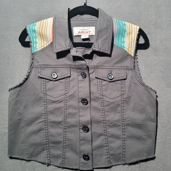 Women's Ariat Gray Aztec Print Cut-off June Trucker Vest Size Medium NWOT‎ - Picture 1 of 5